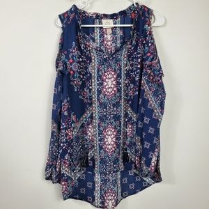 Knox Rose Floral Tunic Womens Size S Cold Shoulder Navy Blue Tassel Casual